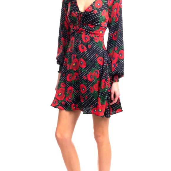 FREE PEOPLE Fit & Flare Dress Size XS Floral & Polka Dot Pattern Shirred Cuffs - Picture 4 of 4
